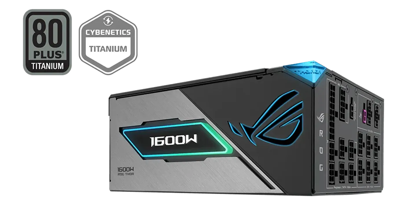 ROG Thor 1600W Titanium III with 80 plus titanium logo and Cybenetics Titanium certifications