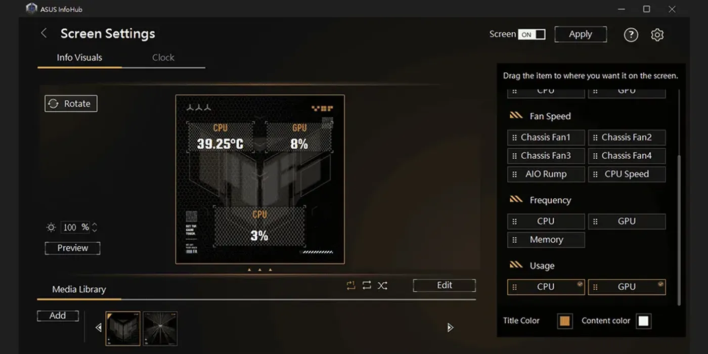ASUS InfoHub software interface controlling LCD functions and content