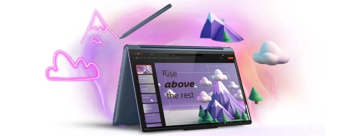 Creative landscape imagery surrounding the Yoga 9i in stand mode with its pen