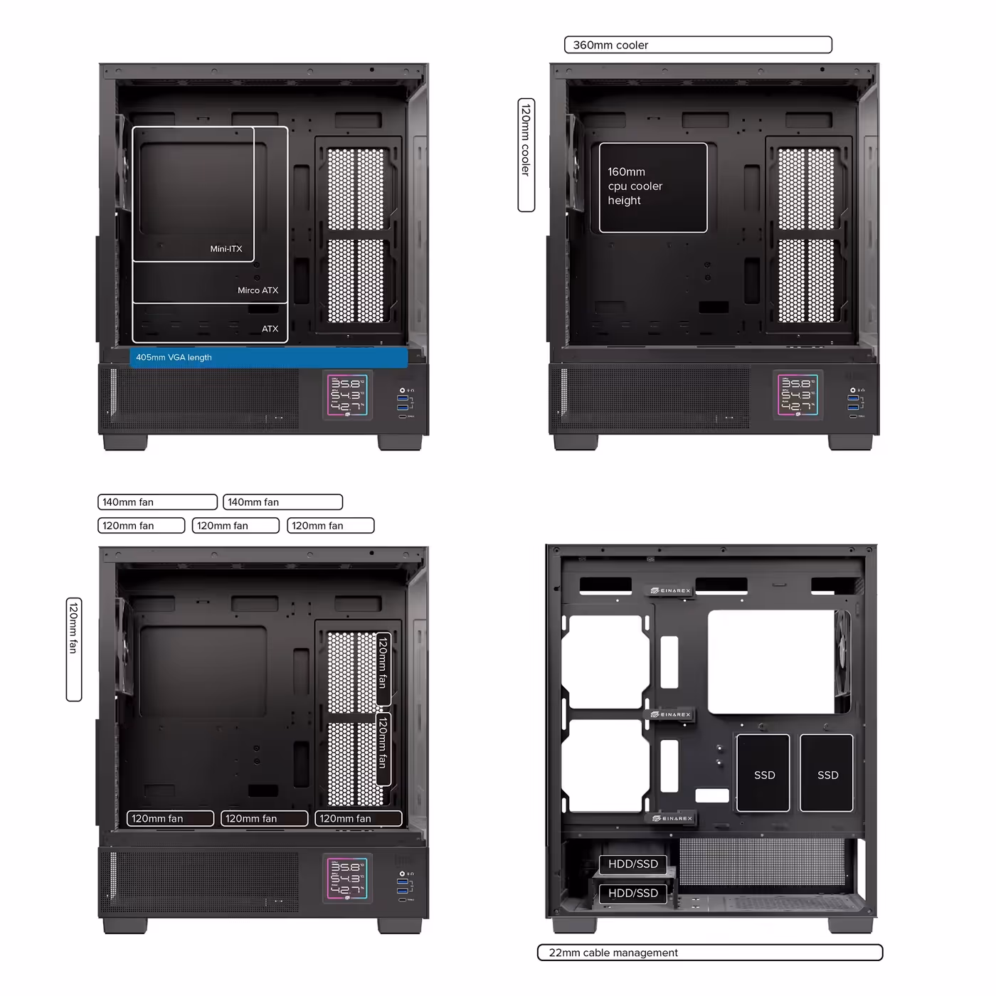 Technical diagram illustrating the component capacity within the PM400 case, showing support for M-ATX and Mini-ITX motherboards, 370mm GPU, and 165mm CPU cooler.