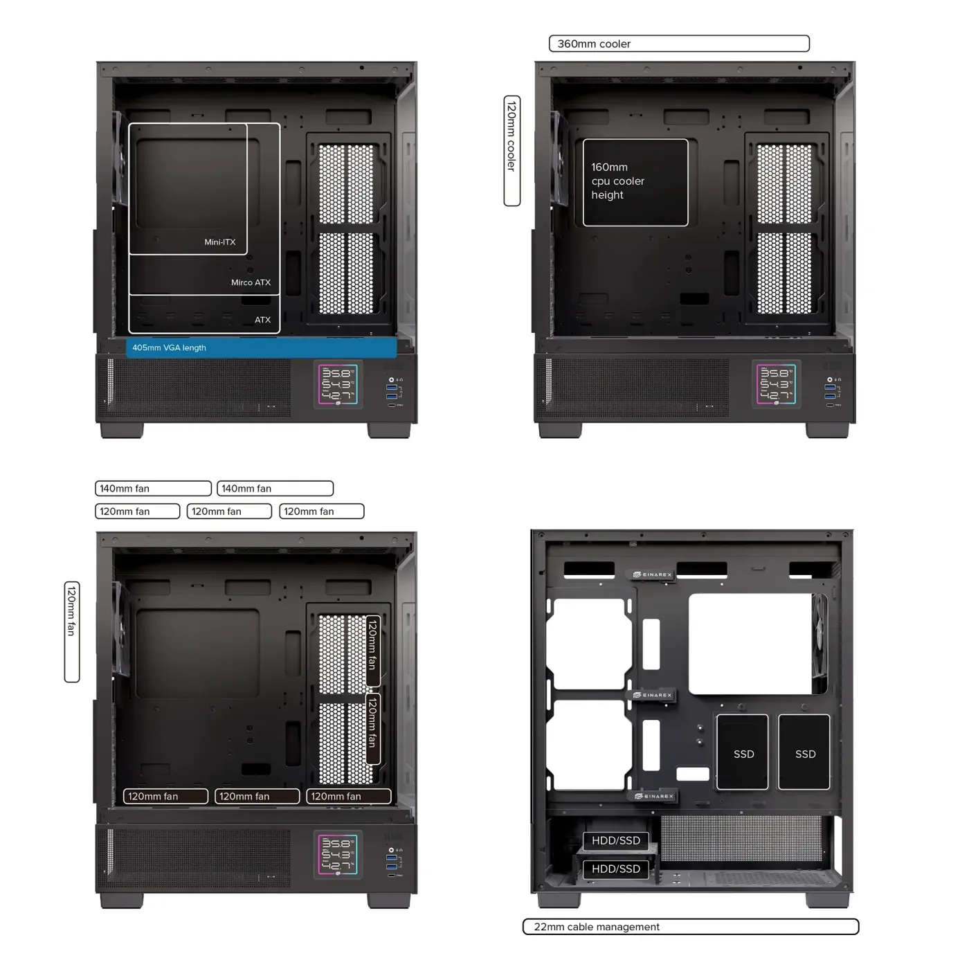 Technical diagram illustrating the component capacity within the PM400 case, showing support for M-ATX and Mini-ITX motherboards, 370mm GPU, and 165mm CPU cooler.