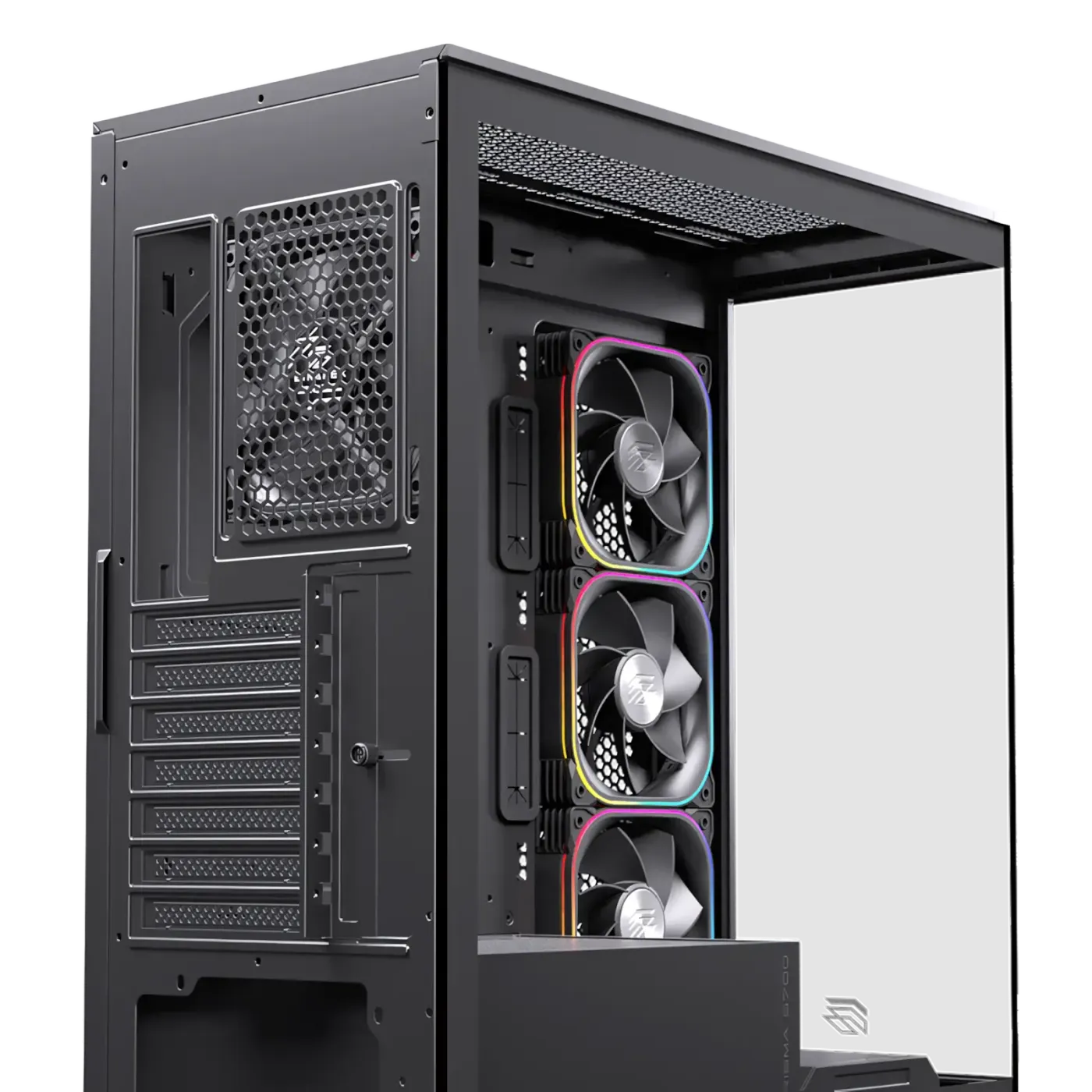 Image showing premium SPCC steel and tempered glass materials used in the case construction.