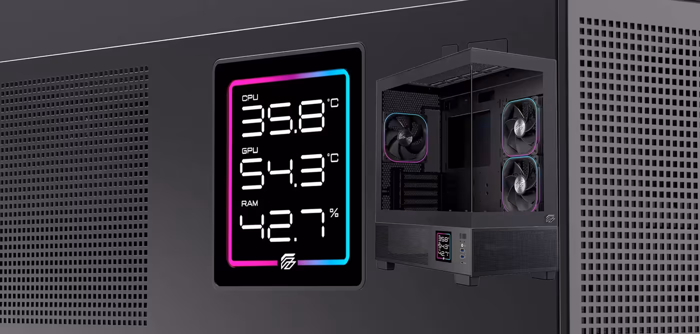 Front view of the EINAREX PRISMA SM501D white mid-tower gaming case
