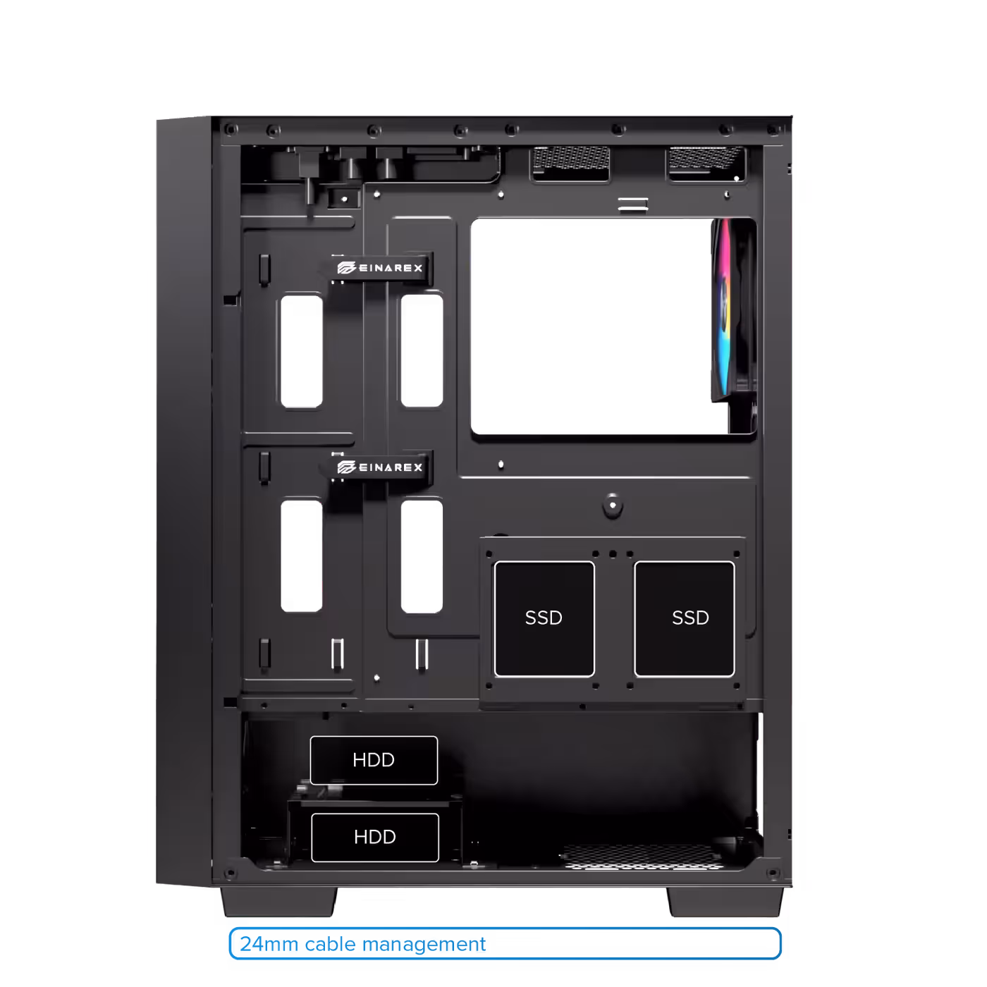 Internal drive bays configured for organized and accessible storage installation