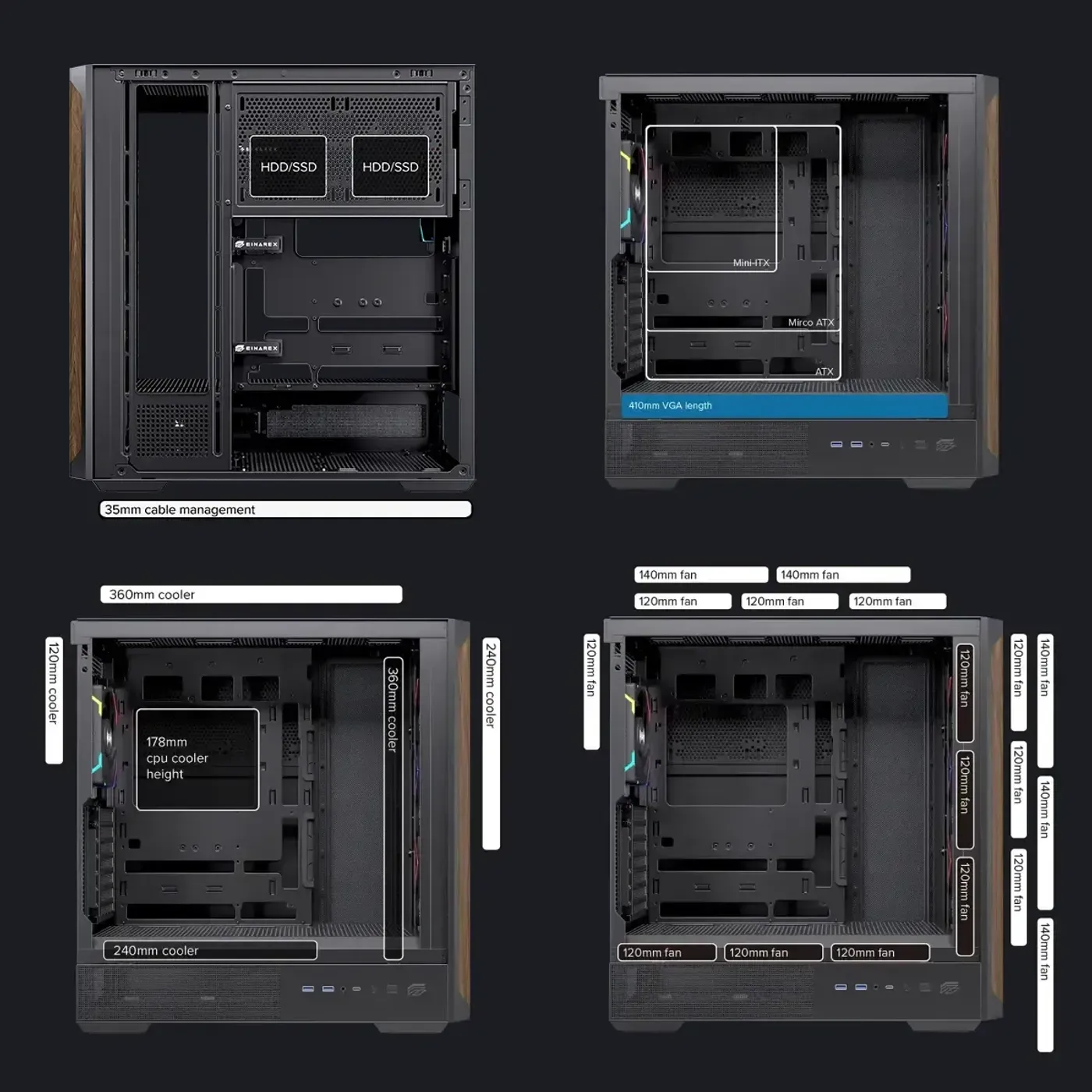 Technical diagram illustrating the component capacity within the PM400 case, showing support for M-ATX and Mini-ITX motherboards, 370mm GPU, and 165mm CPU cooler.