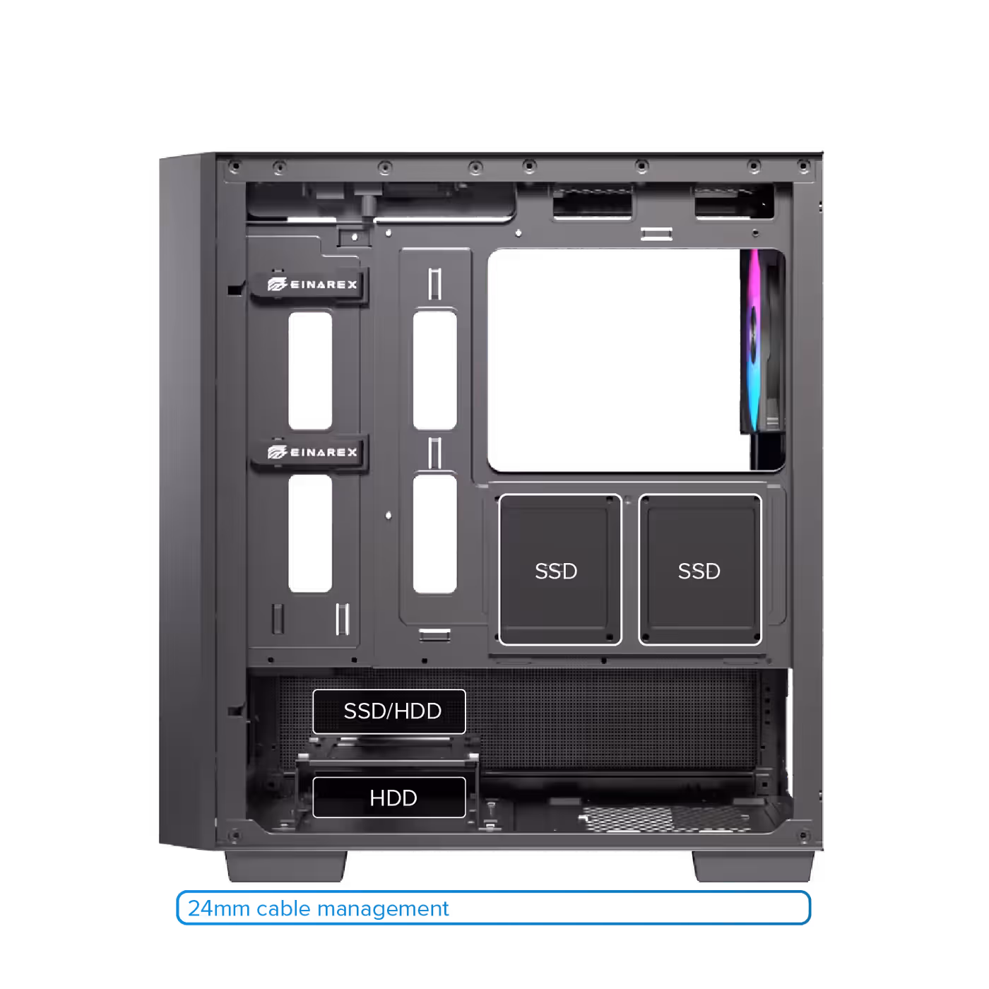 Internal storage drive mounting bays and component organization layout
