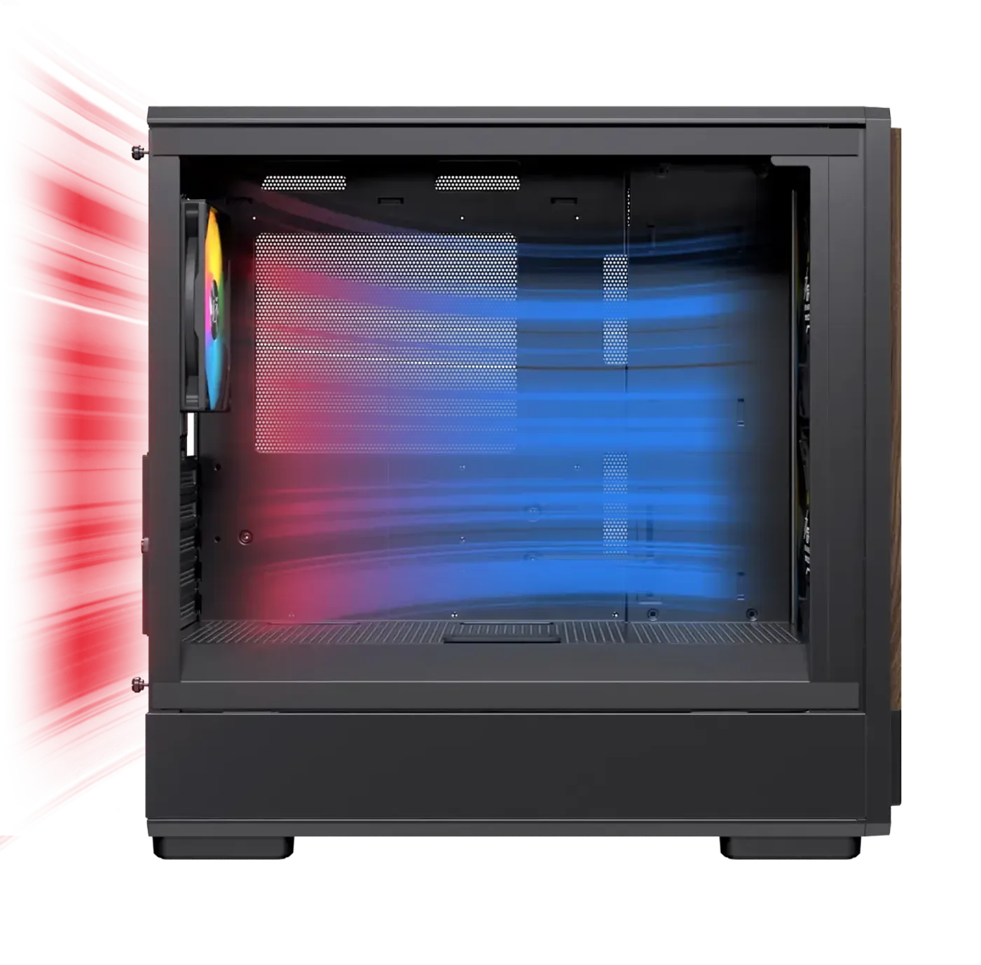 Diagram illustrating the optimized airflow path and fan mounting positions (front, top, bottom, rear) in the PM400 case