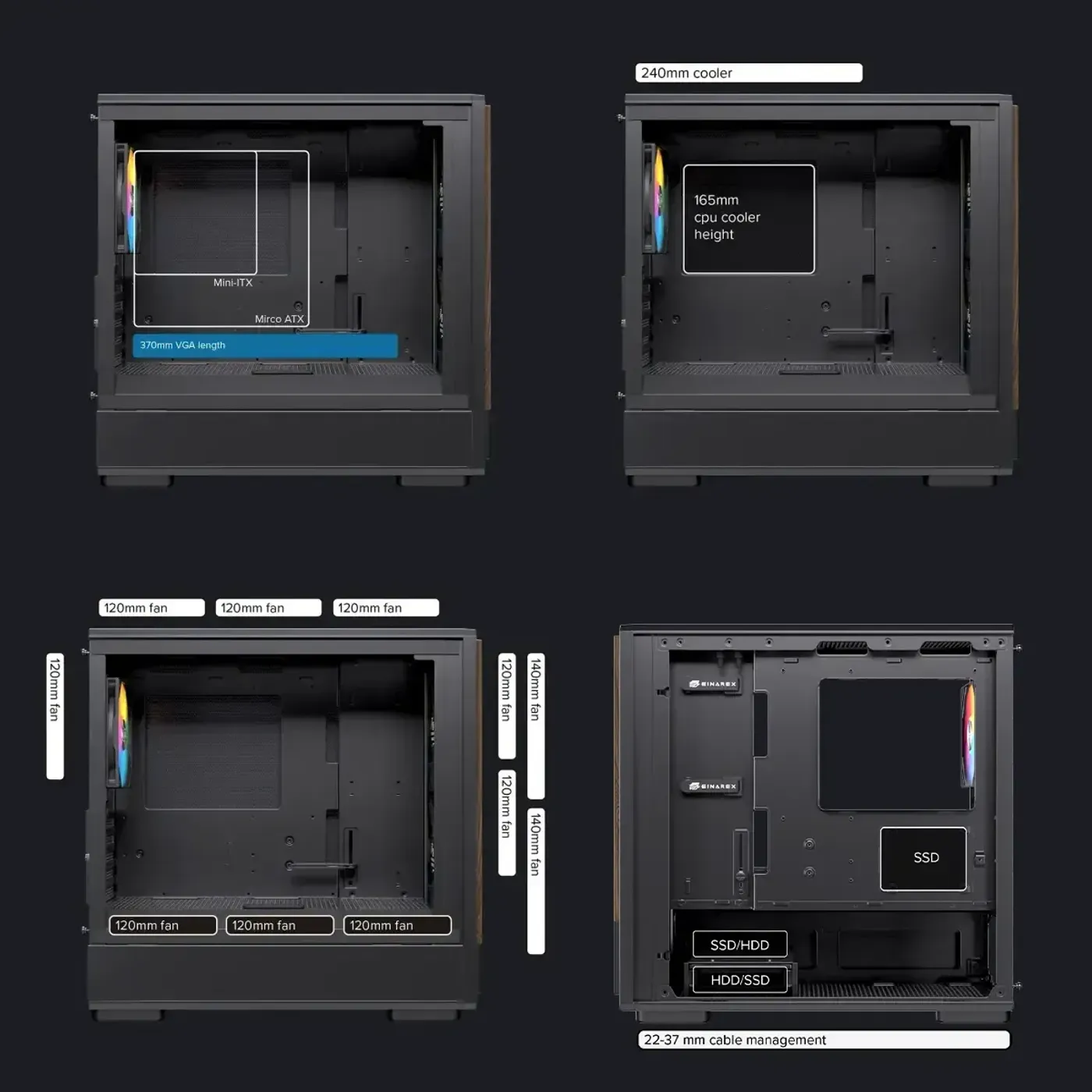 Technical diagram illustrating the component capacity within the PM400 case, showing support for M-ATX and Mini-ITX motherboards, 370mm GPU, and 165mm CPU cooler.