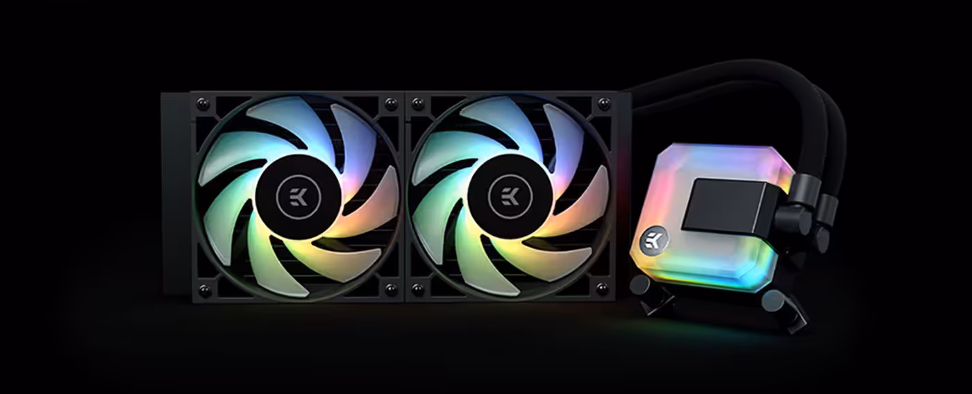 EK 280mm AIO D-RGB liquid cooler with its radiator, tubing and CPU block