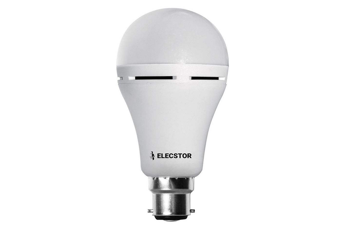 Elecstor rechargeable B22 LED light bulb shown with its bayonet fitting