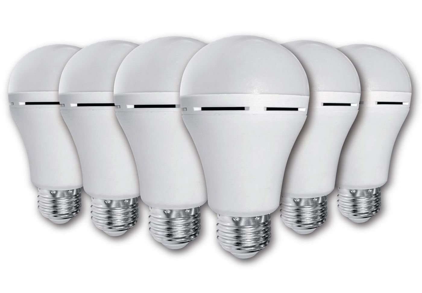 Elecstor rechargeable E27 LED bulbs shown as a six pack