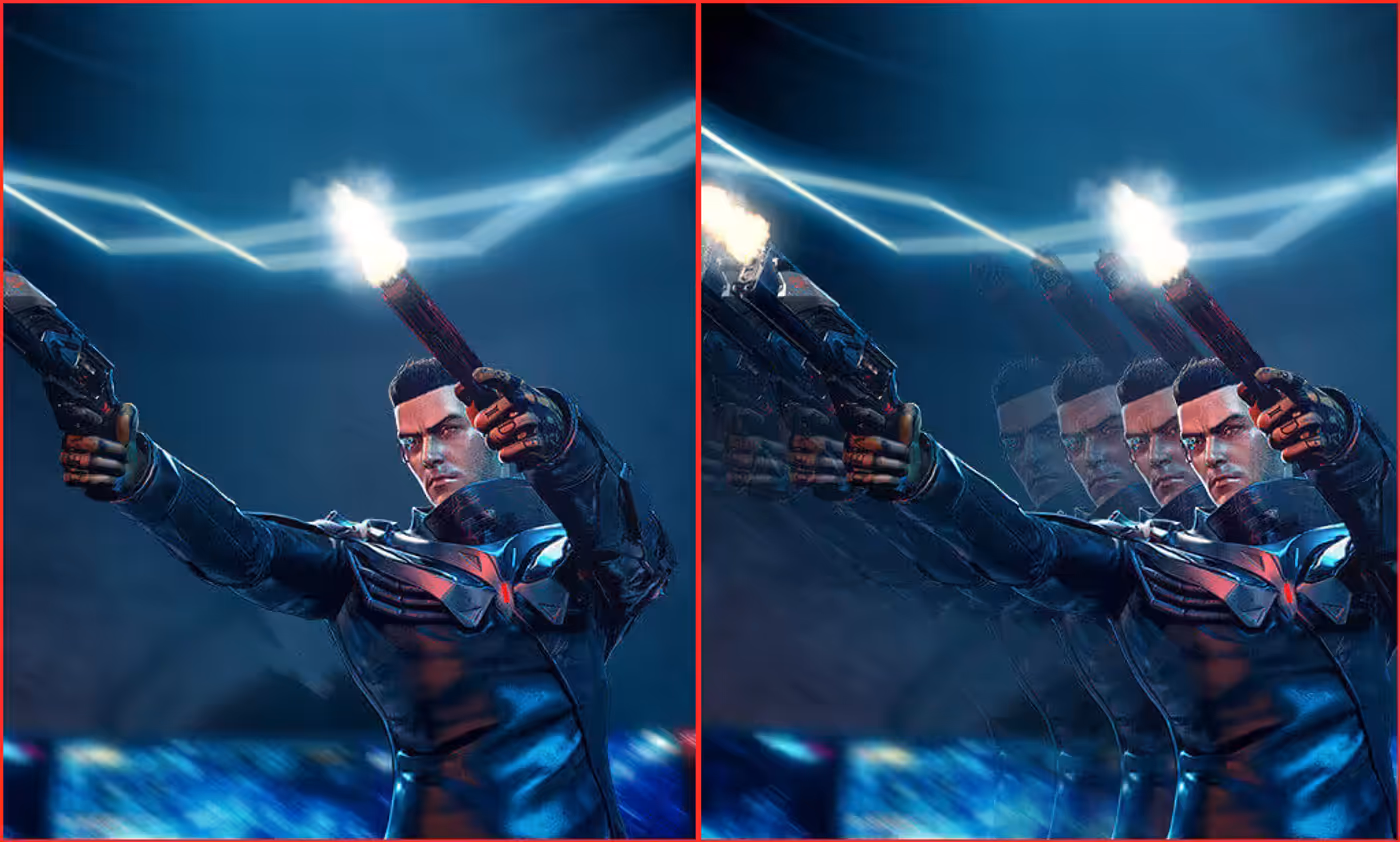 FPS gameplay comparison illustrating Extreme Low Motion Blur technology