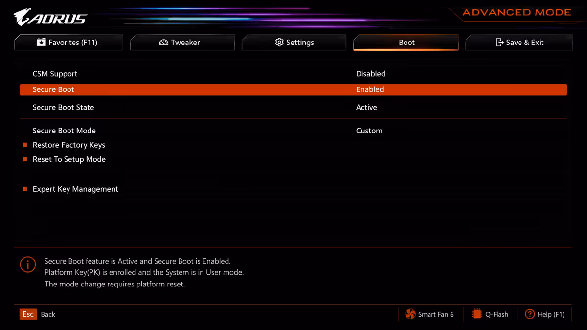 Gigabyte BIOS — Secure Boot menu