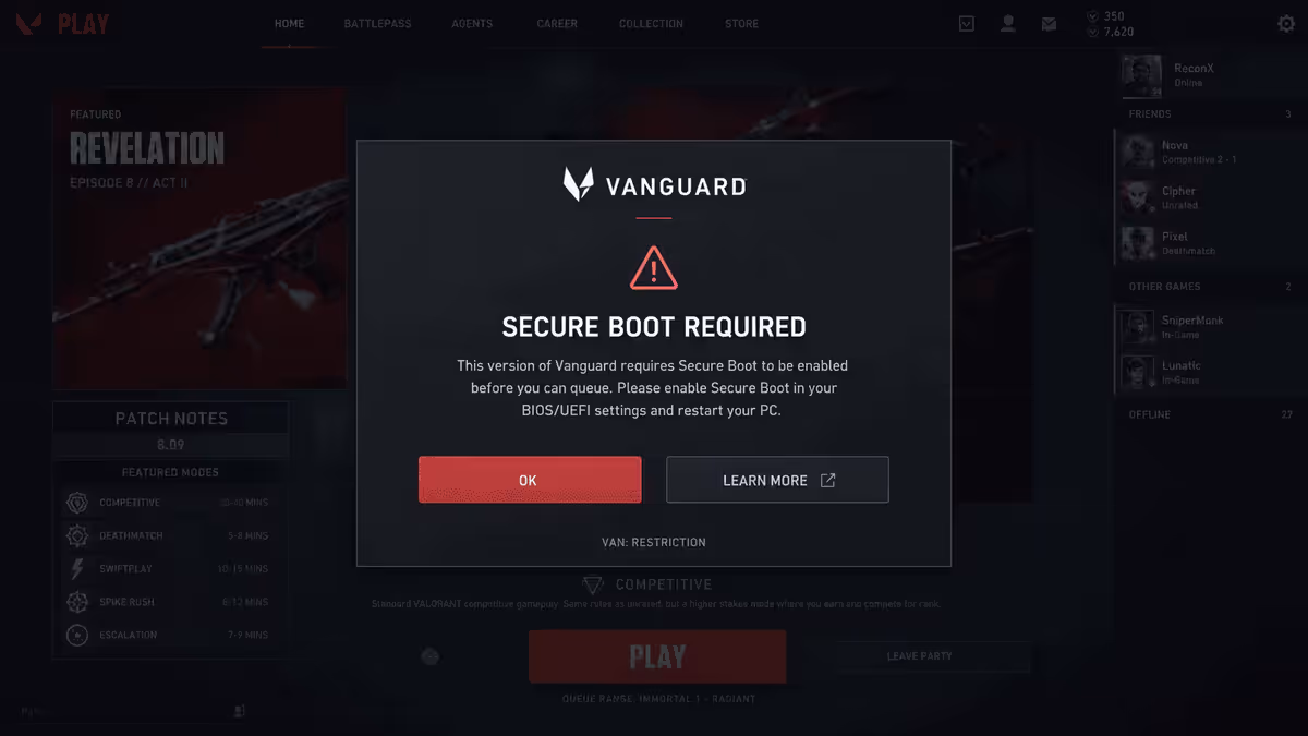 Valorant Vanguard error screen