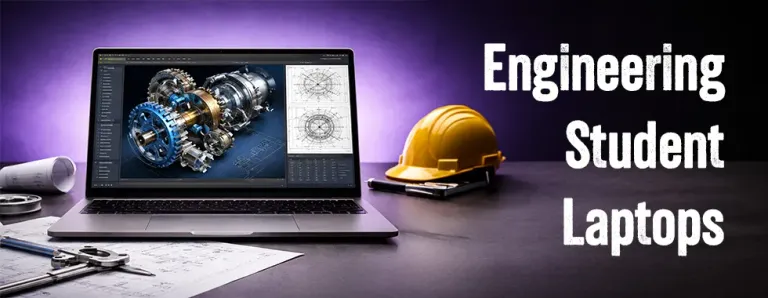 Engineering student working on a CAD assembly on a laptop beside lecture notes and a scientific calculator