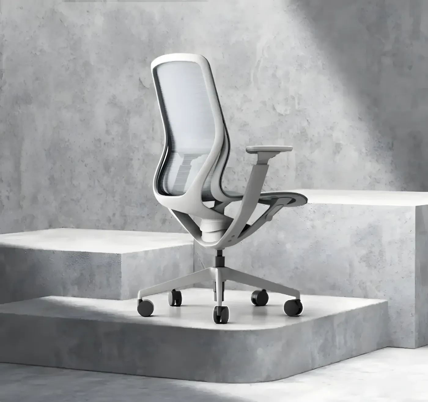 Enova Aria Ver.1 office chair in light grey shown from the side