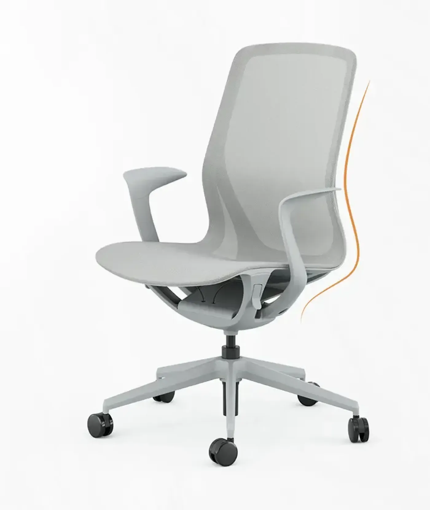 Close view of the curved backrest on the dark grey Enova Aria Ver.2