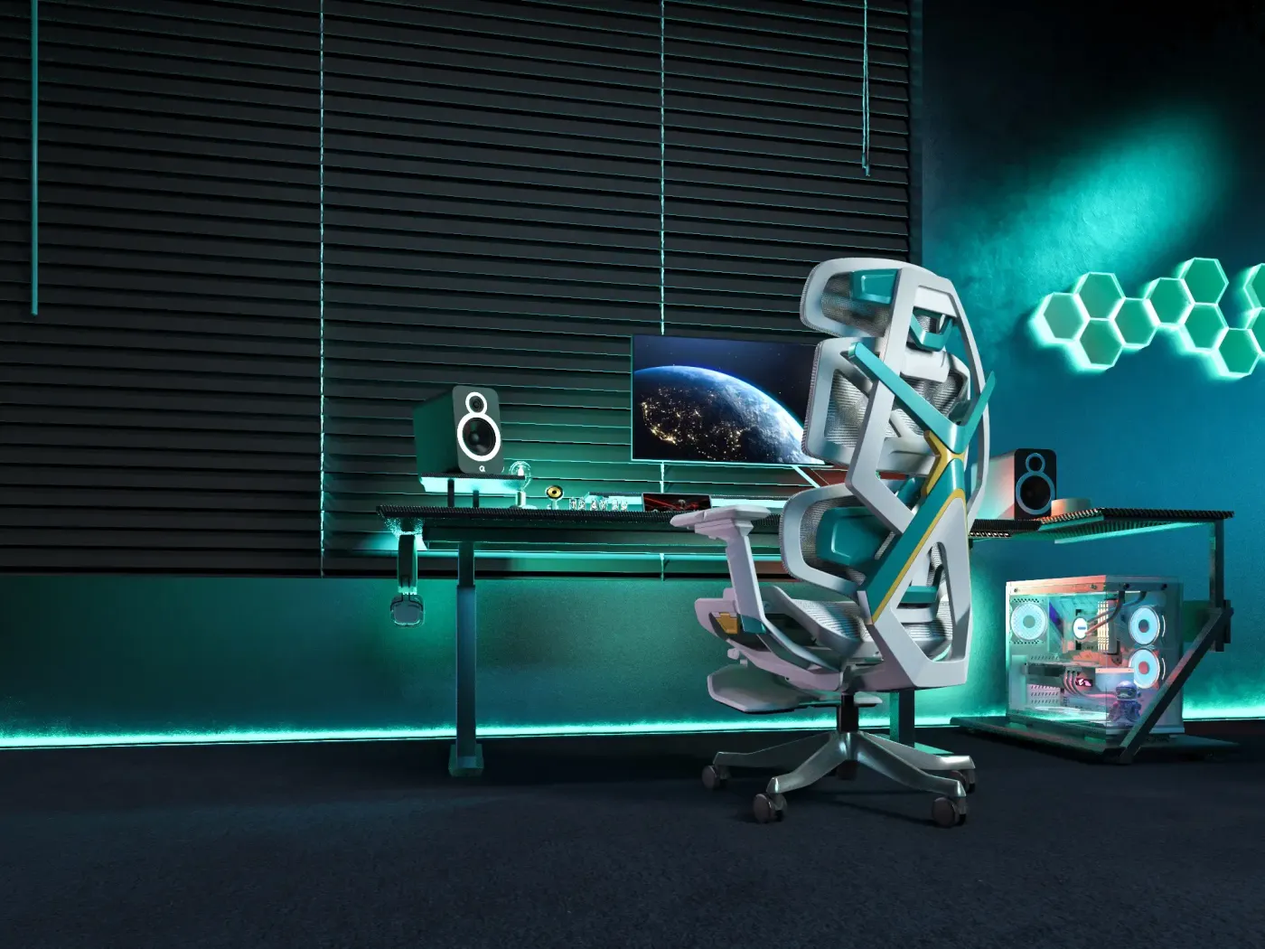 Enova Bloodragon BXZ gaming chair shown as part of a full gaming setup