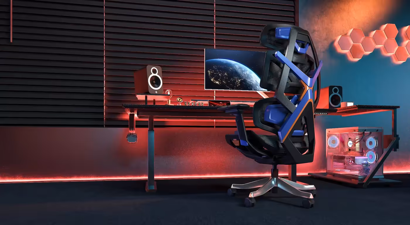 Enova Bloodragon BXZ gaming chair shown as part of a full gaming setup