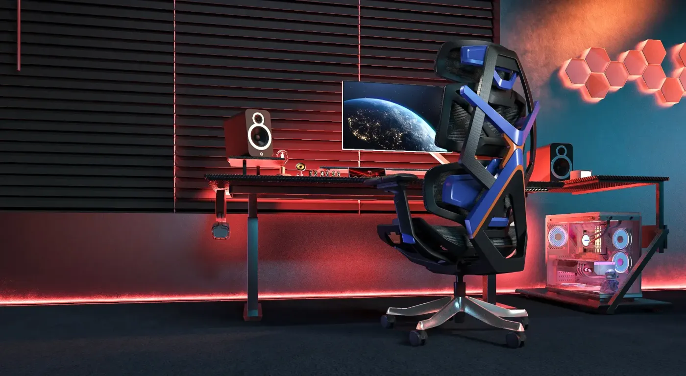 Purple Enova Bloodragon BXZ gaming chair shown in a full gaming setup