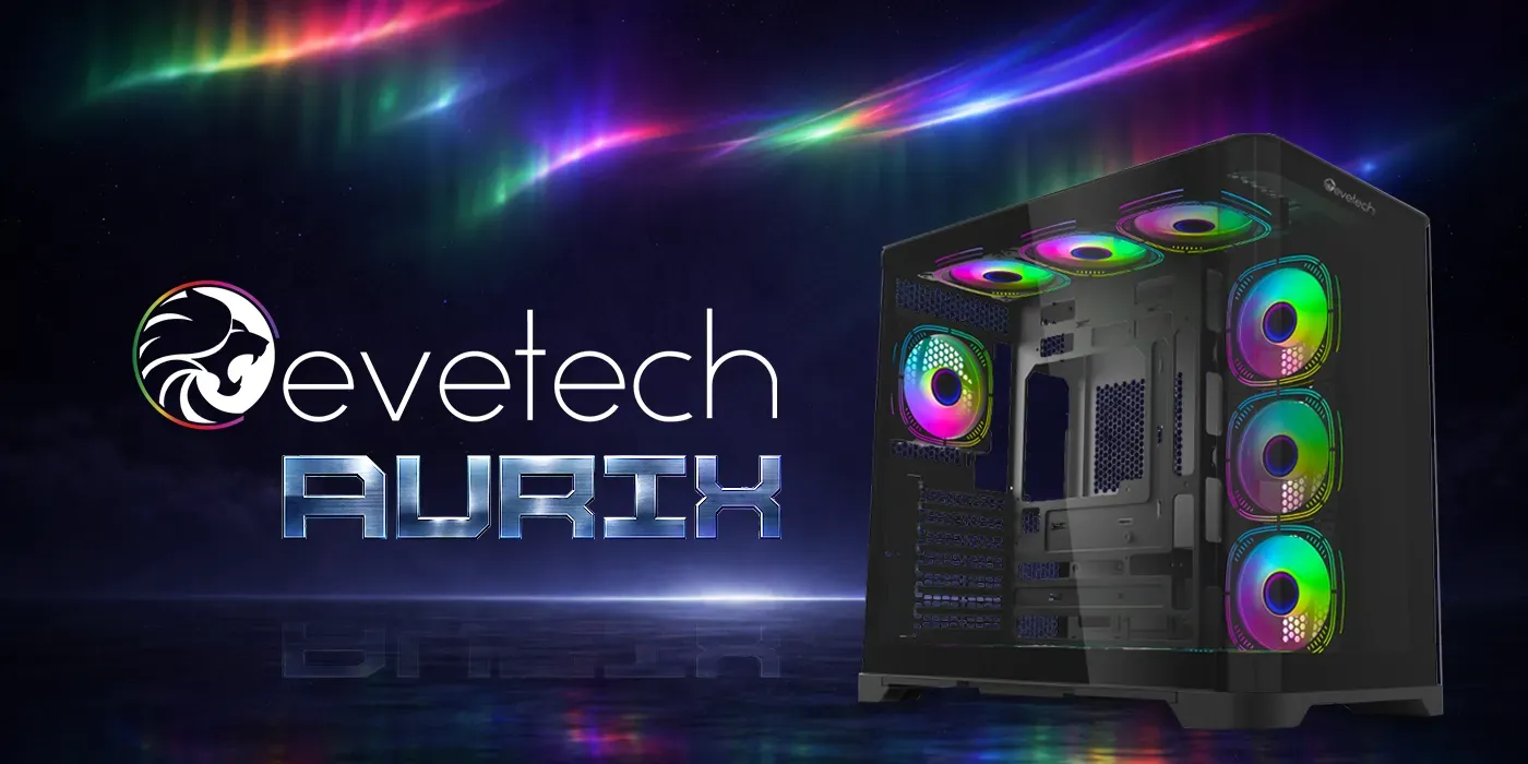 Evetech Aurix black gaming case with 270-degree panoramic tempered glass showing the ARGB-lit interior