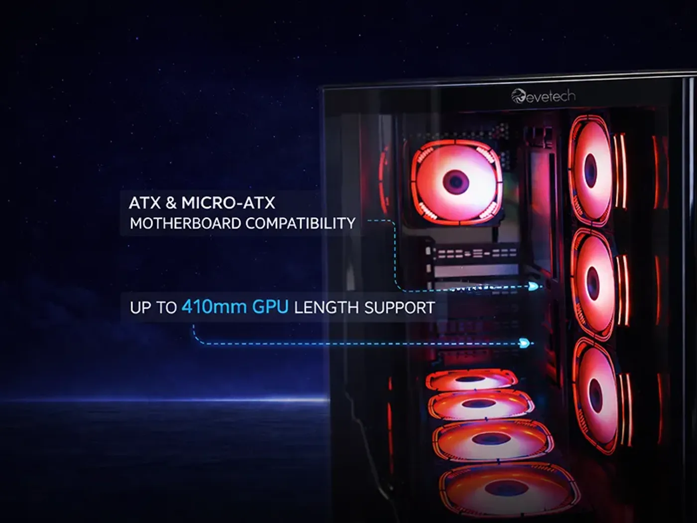 Aurix case interior showing support for ATX and Micro-ATX motherboards