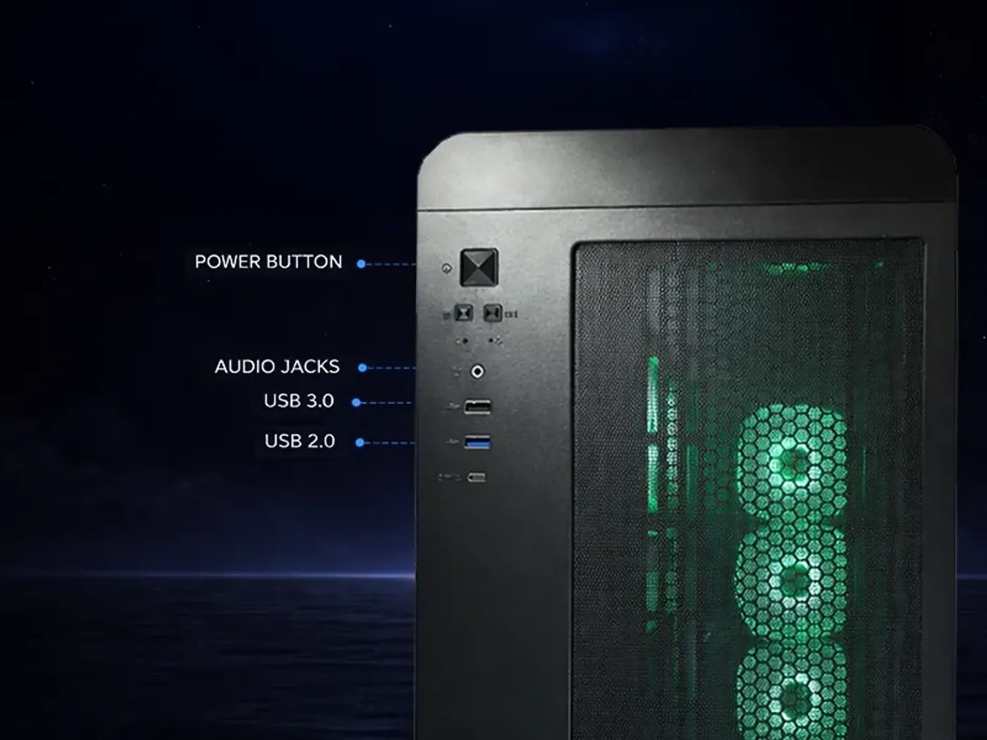 Front I/O panel with high-speed USB ports and audio access