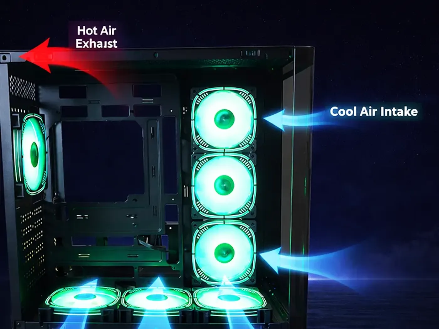 Aurix case interior with seven 120mm ARGB fans and controller