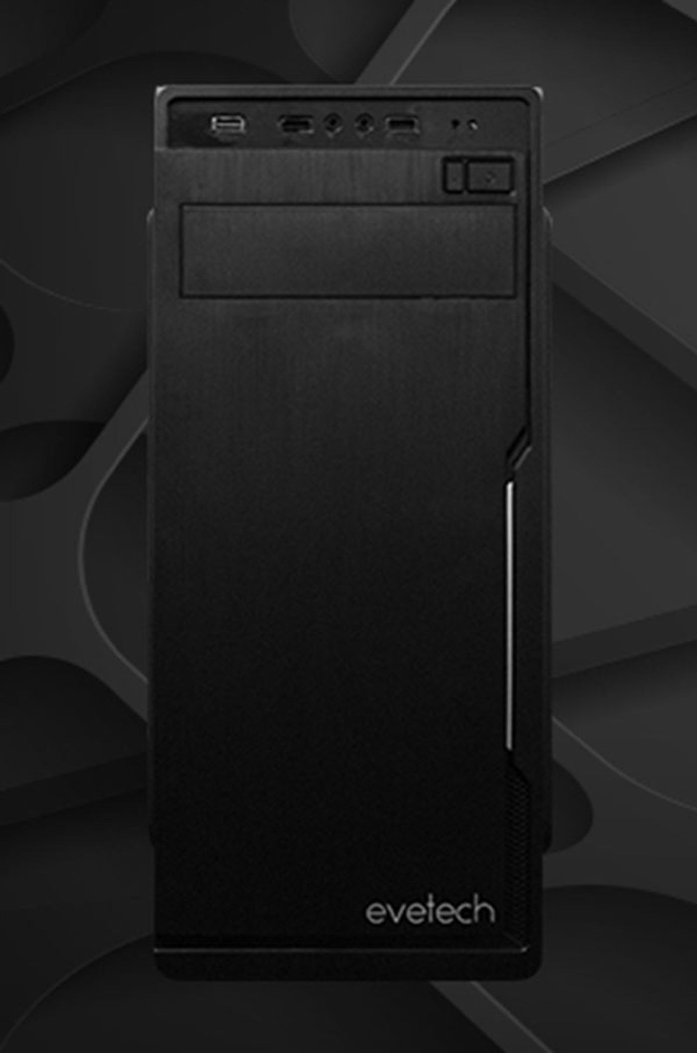 Close-up of the Evetech BASE case showing its fan mount and panel detail