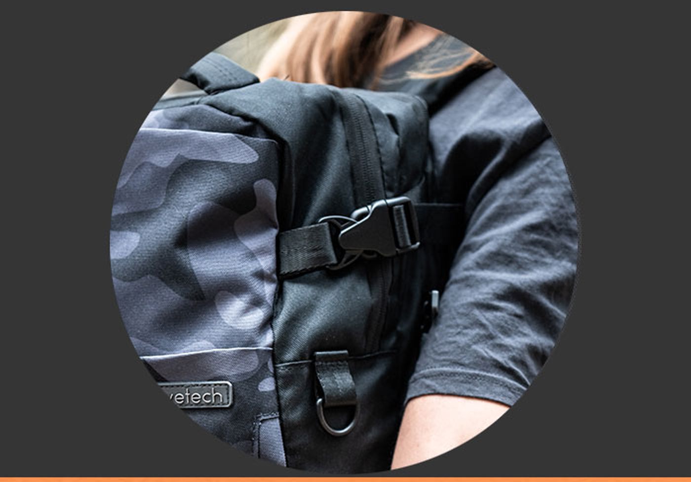 Close-up of security clips on the Evetech DASH backpack for enhanced equipment protection