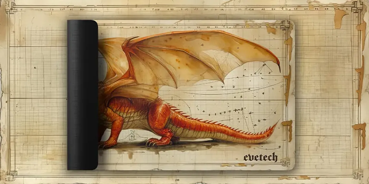 The Drakon mousepad on a desk with space for a keyboard and mouse
