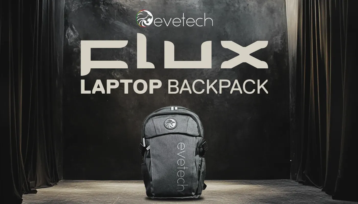 Evetech Flux Laptop Backpack standing upright with its main compartment and front pockets closed