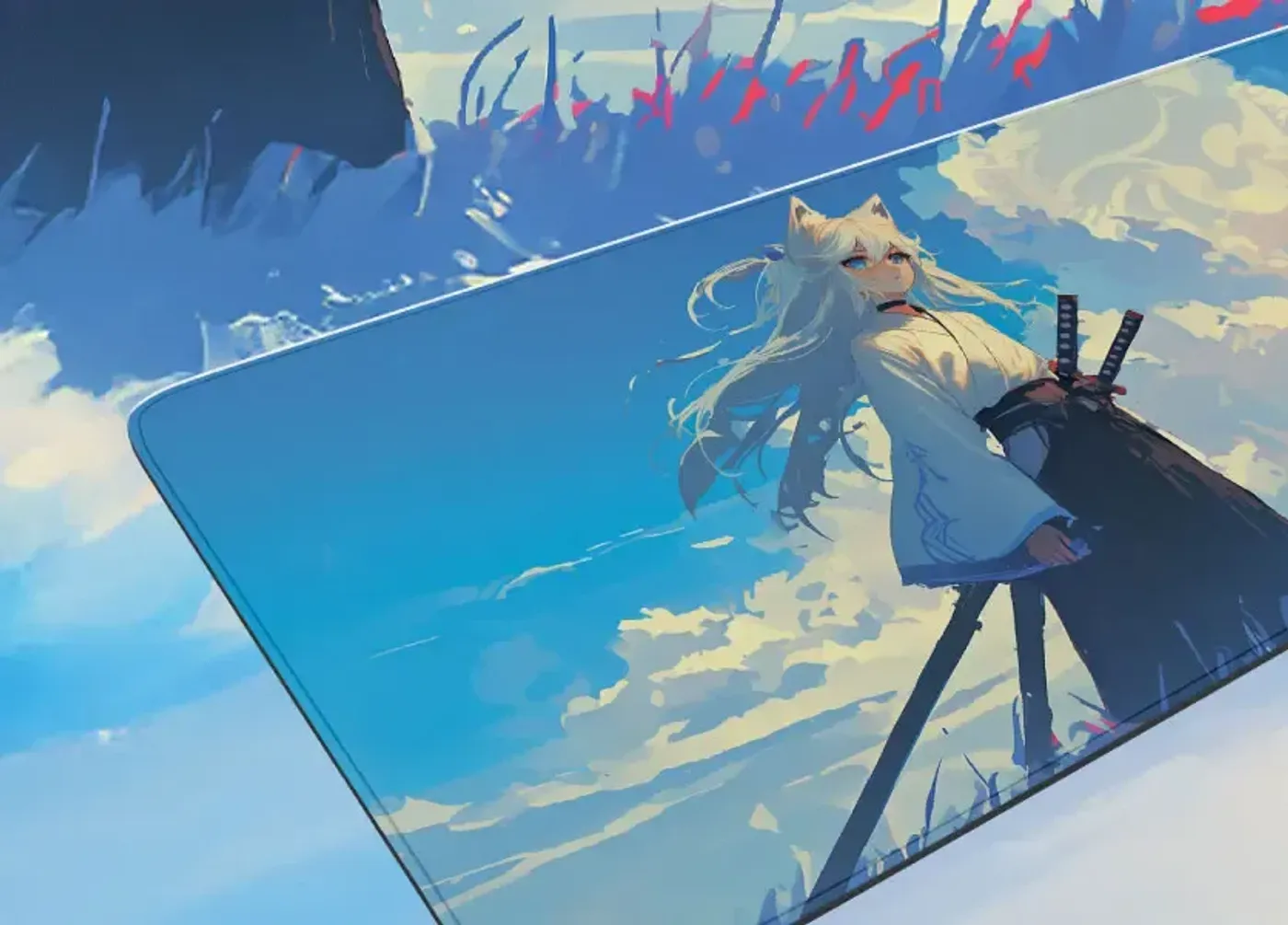 Cerulean sky and fox-eared swordswoman artwork on the Evetech Hikari mousepad