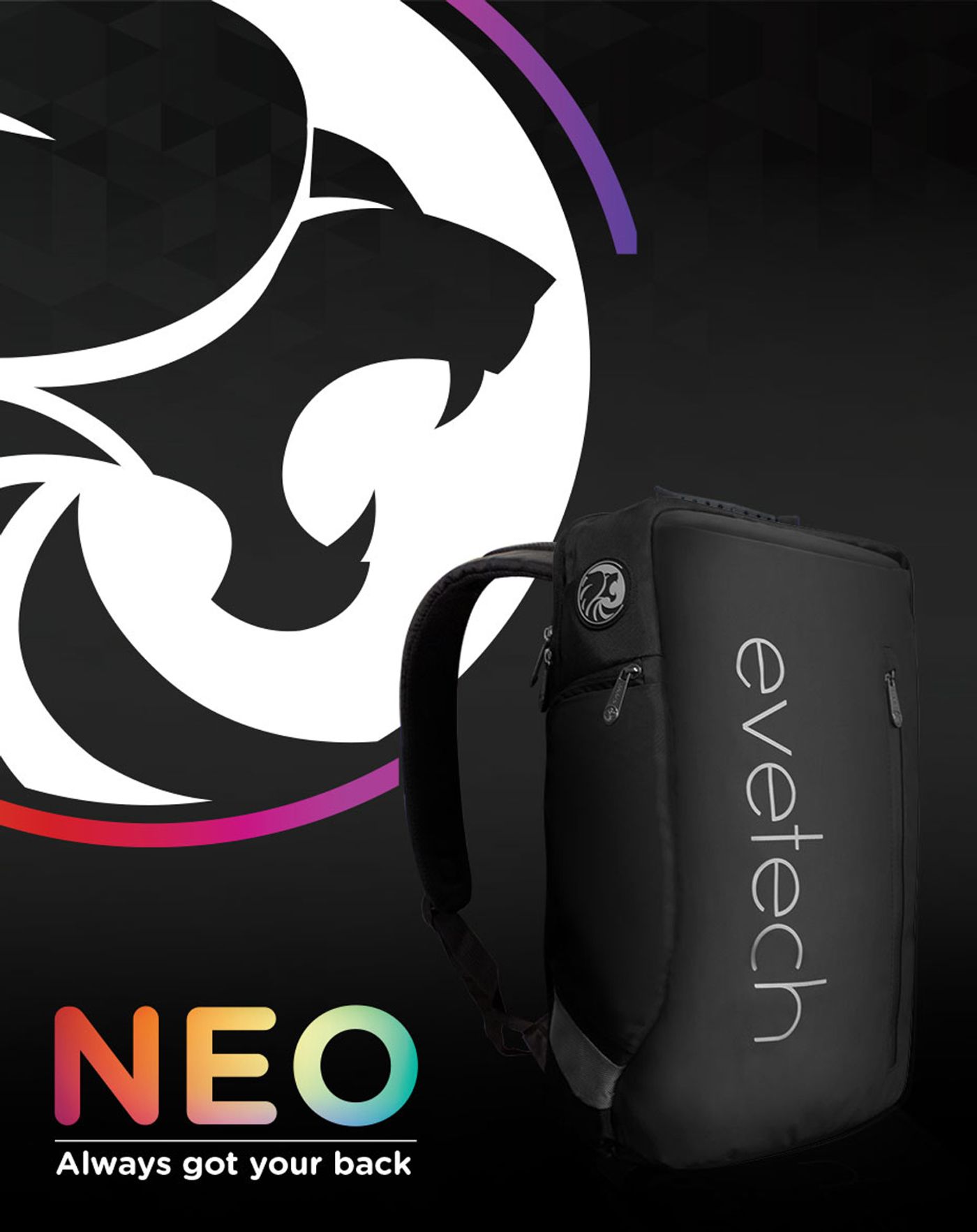 Evetech NEO 17.3 inch gaming laptop backpack shown from the front