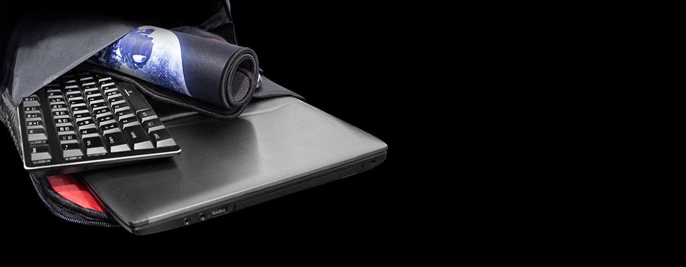 Evetech NEO backpack loaded with a gaming laptop and peripherals for travel