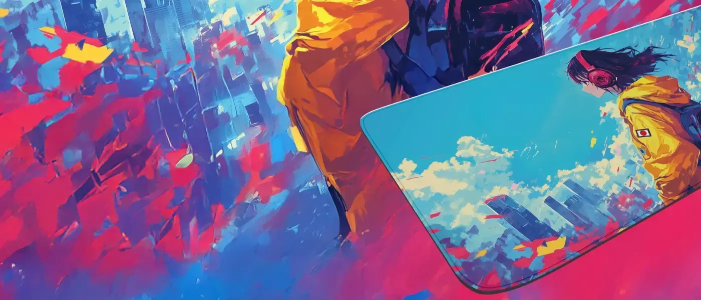 Colourful city skyline artwork printed across the Evetech Niji mousepad
