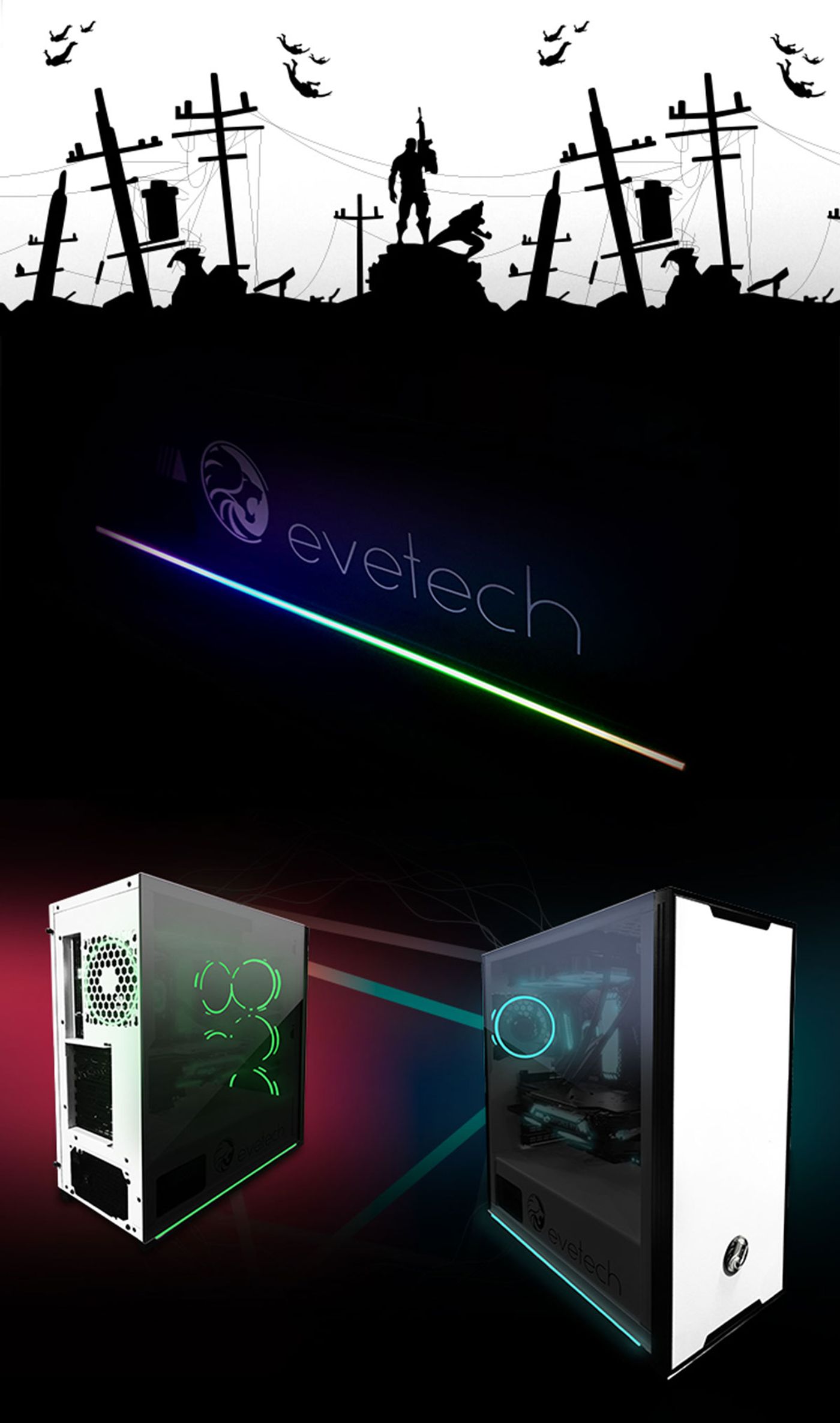 Evetech NOVA gaming case shown from the front three-quarter angle