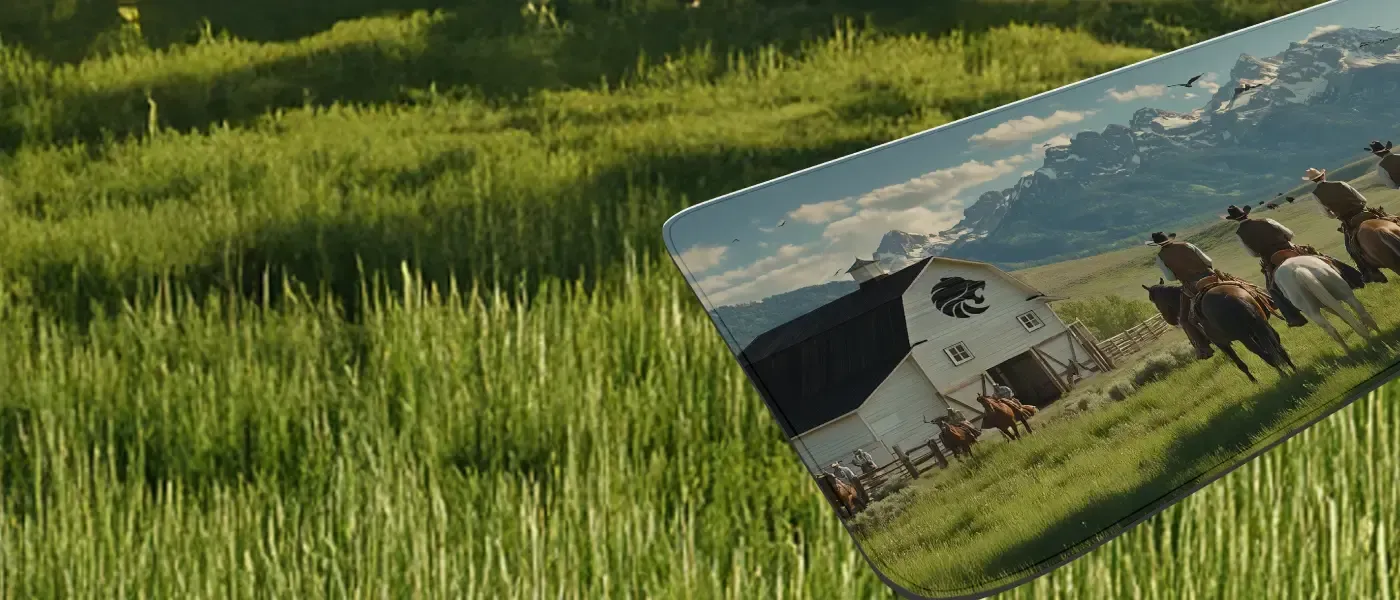 Frontier landscape artwork with plains and mountain silhouettes on the Ranch mousepad