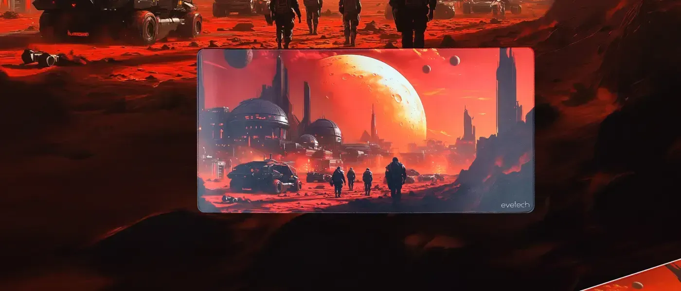Red sci-fi artwork glowing across the Evetech Red gaming mousepad