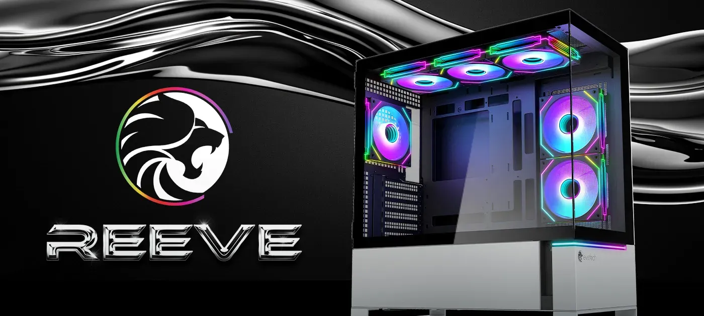 Evetech Reeve ARGB gaming case in silver with a tempered glass side panel and illuminated front fans