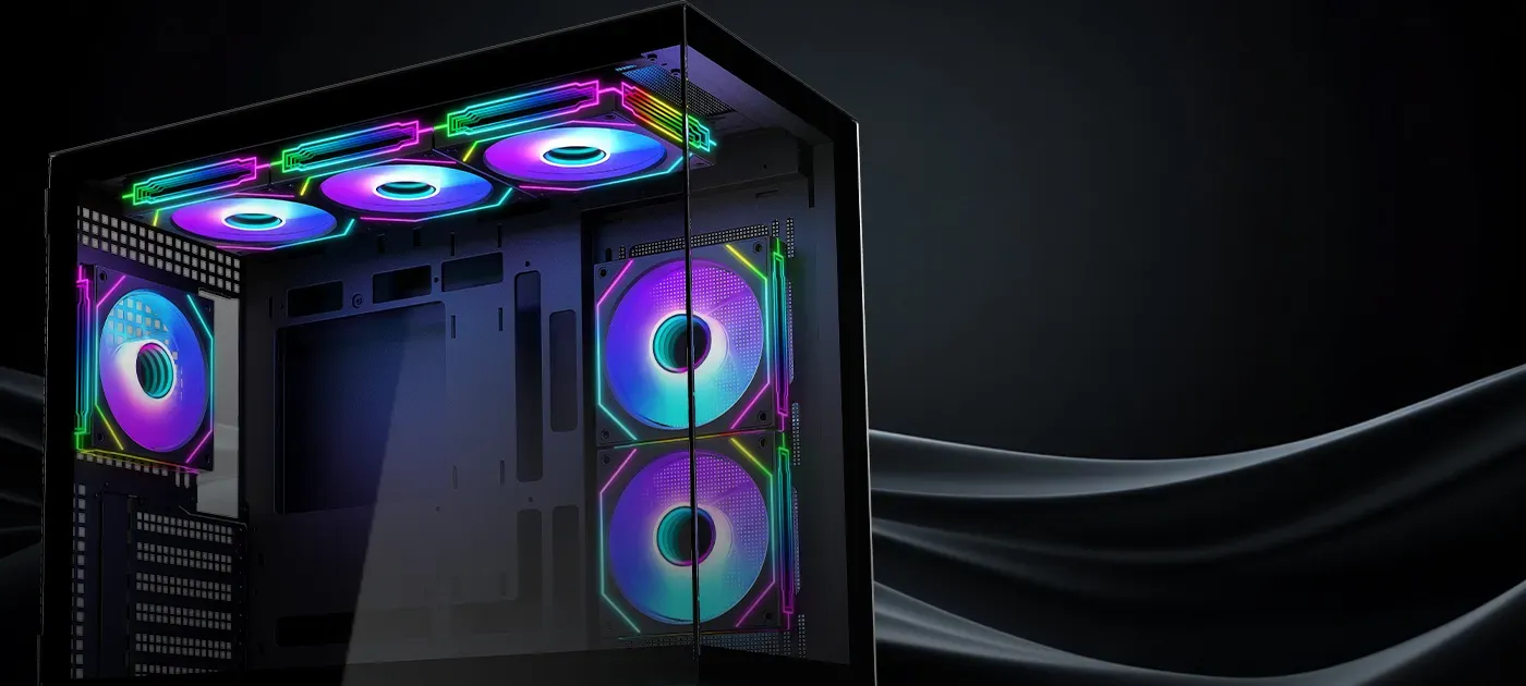 Close view of the Evetech Reeve RGB fans lit in multiple colours