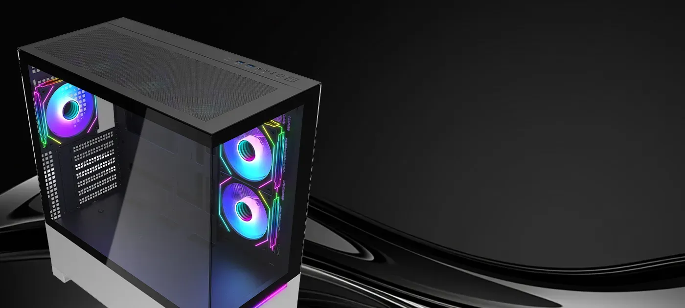 Front and side ARGB fans of the Evetech Reeve glowing through the glass panel