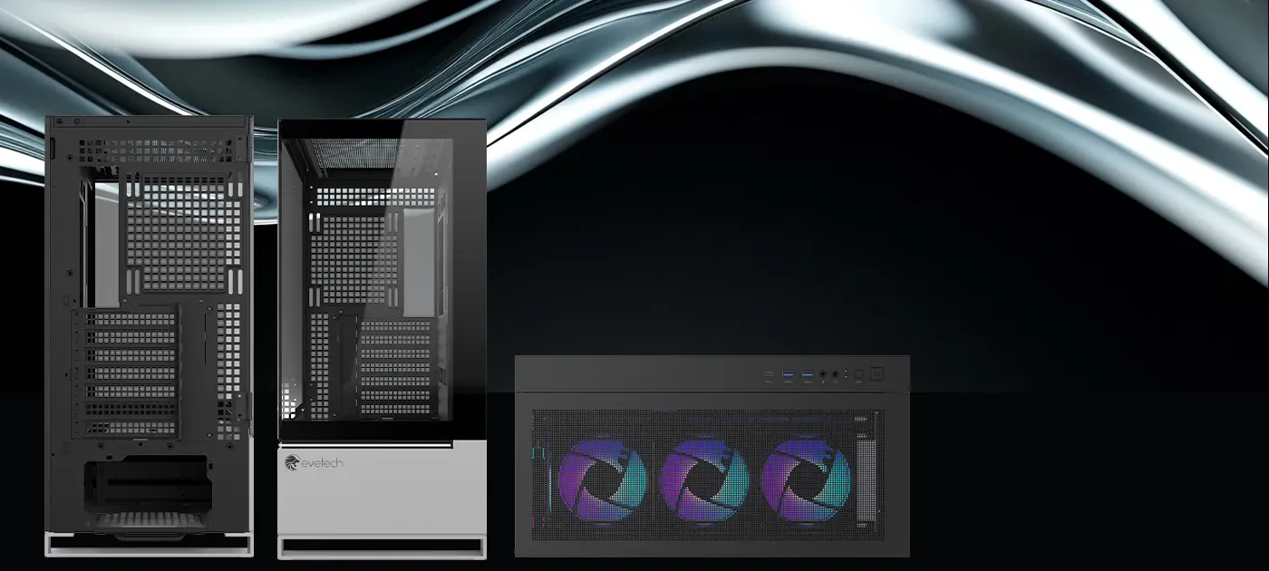 Rear expansion slot area of the Evetech Reeve case with the GPU mounting bracket
