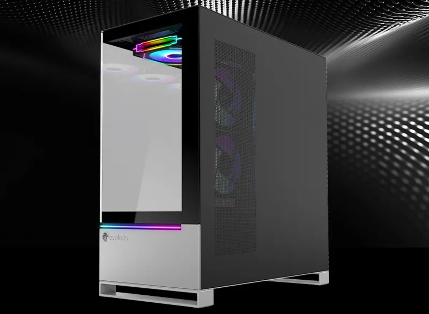 Full-height view of the Evetech Reeve case showing its brushed metal accents