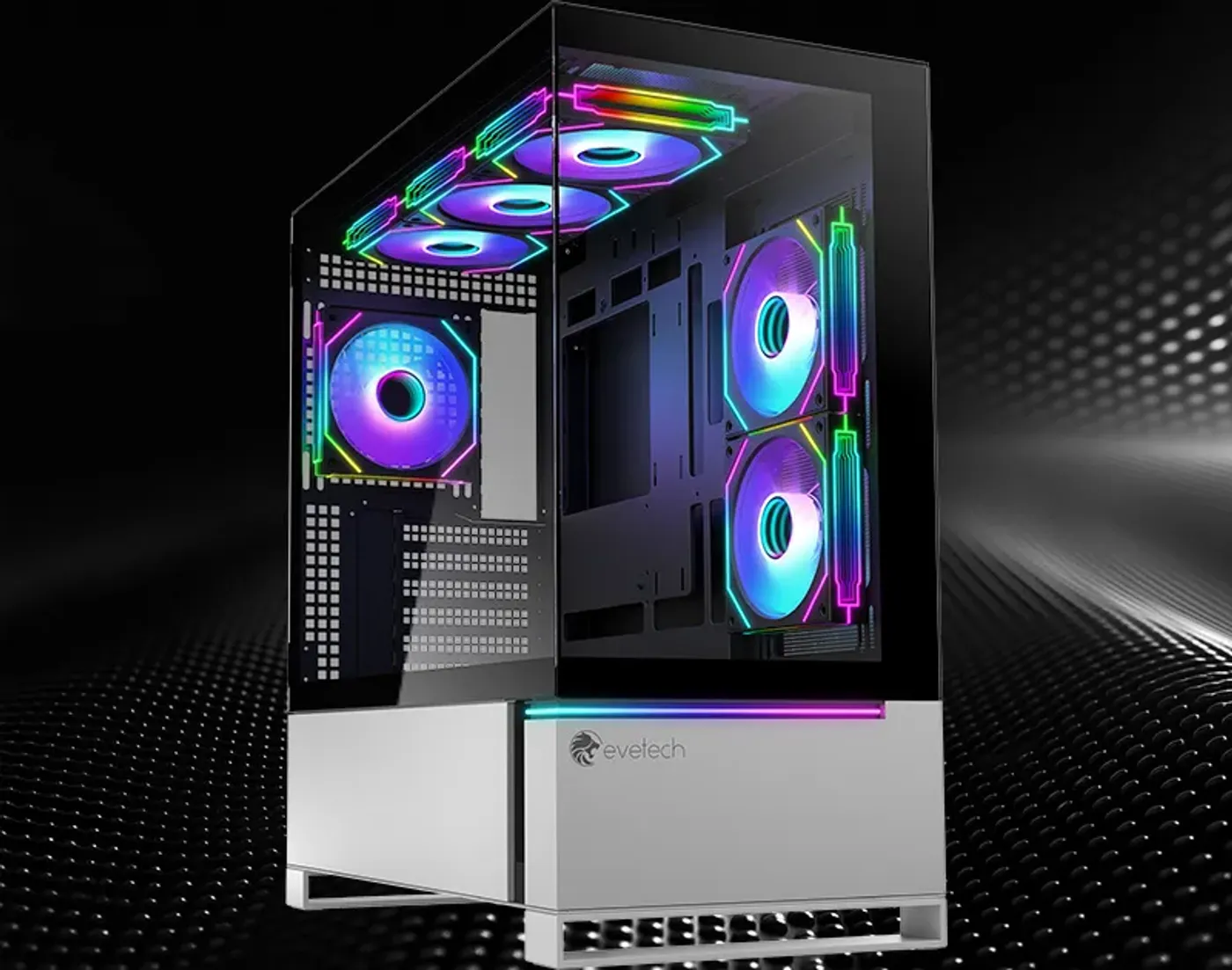 Tempered glass side panel of the Evetech Reeve revealing the installed components