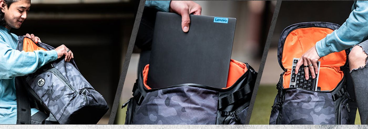 Evetech ROGUE backpack compartments holding a mouse, keyboard and charger