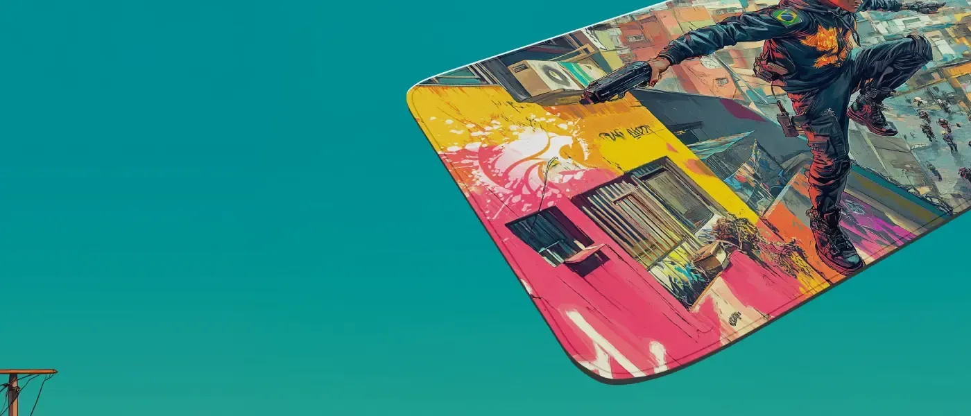 Neon cityscape artwork printed across the Evetech Salto mousepad