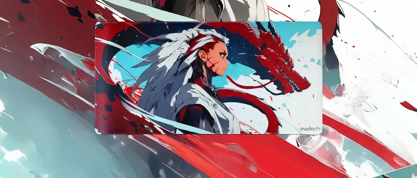 Dragon and warrior artwork in red and blue on the Evetech Shura mousepad
