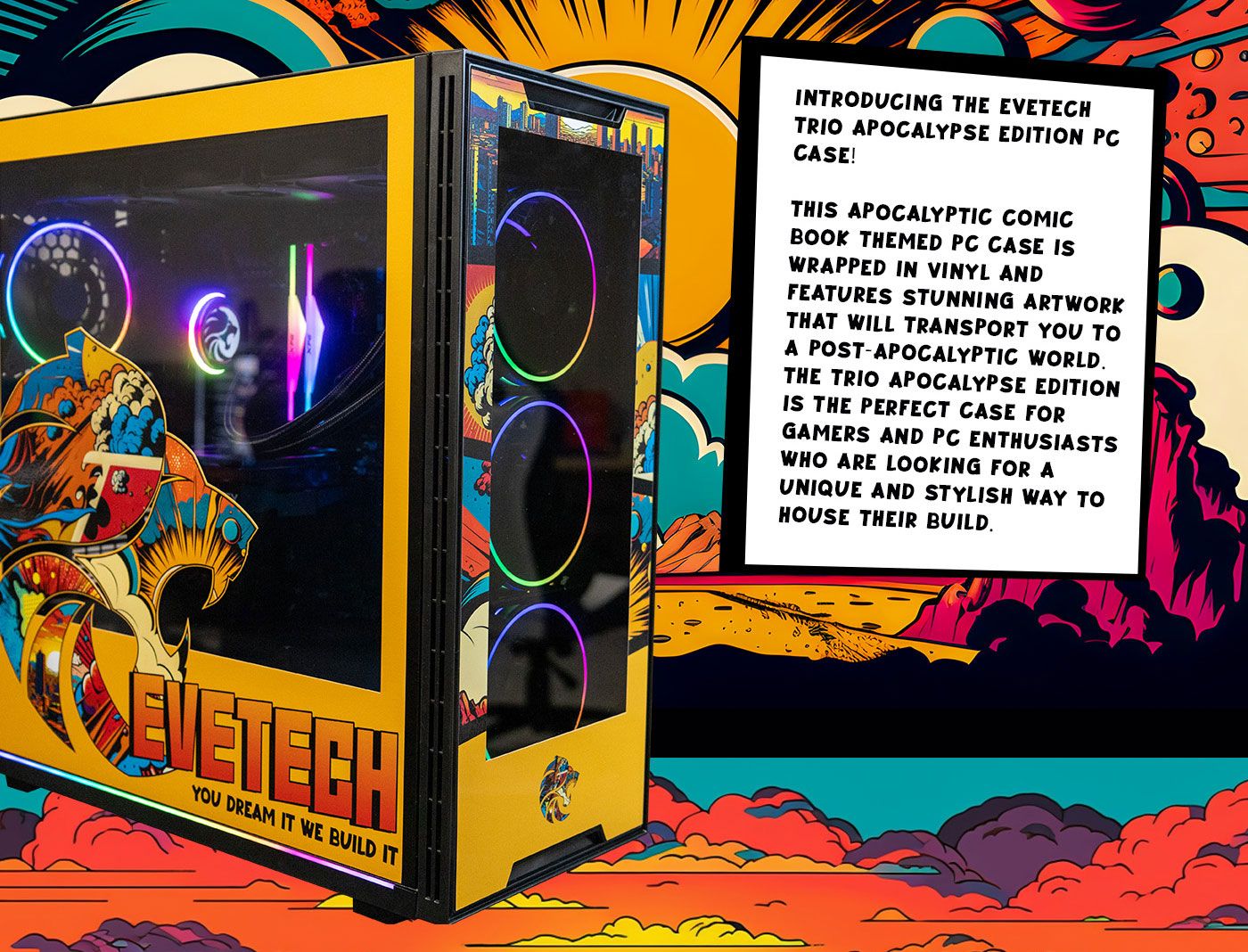 Rear view of the Evetech TRIO Apocalypse tempered glass gaming case