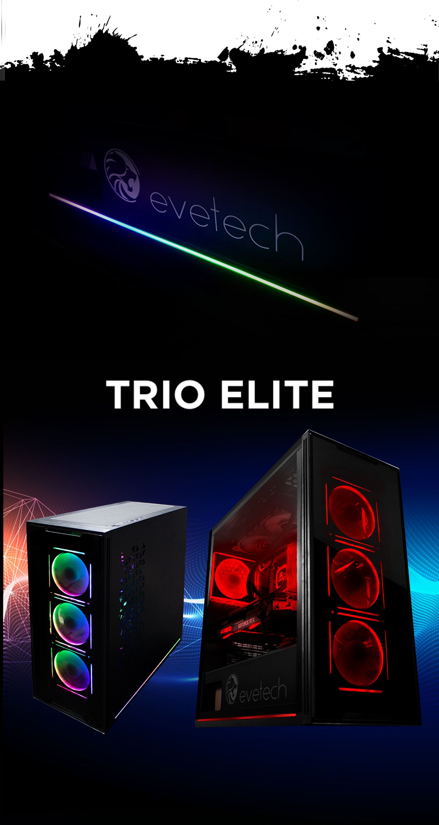 Evetech TRIO Elite RGB gaming case shown from the front with its fans lit